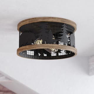 Kodiak 12-in W Black Rustic Round Cage Flush Mount Ceiling Light Fixture Tree Motif