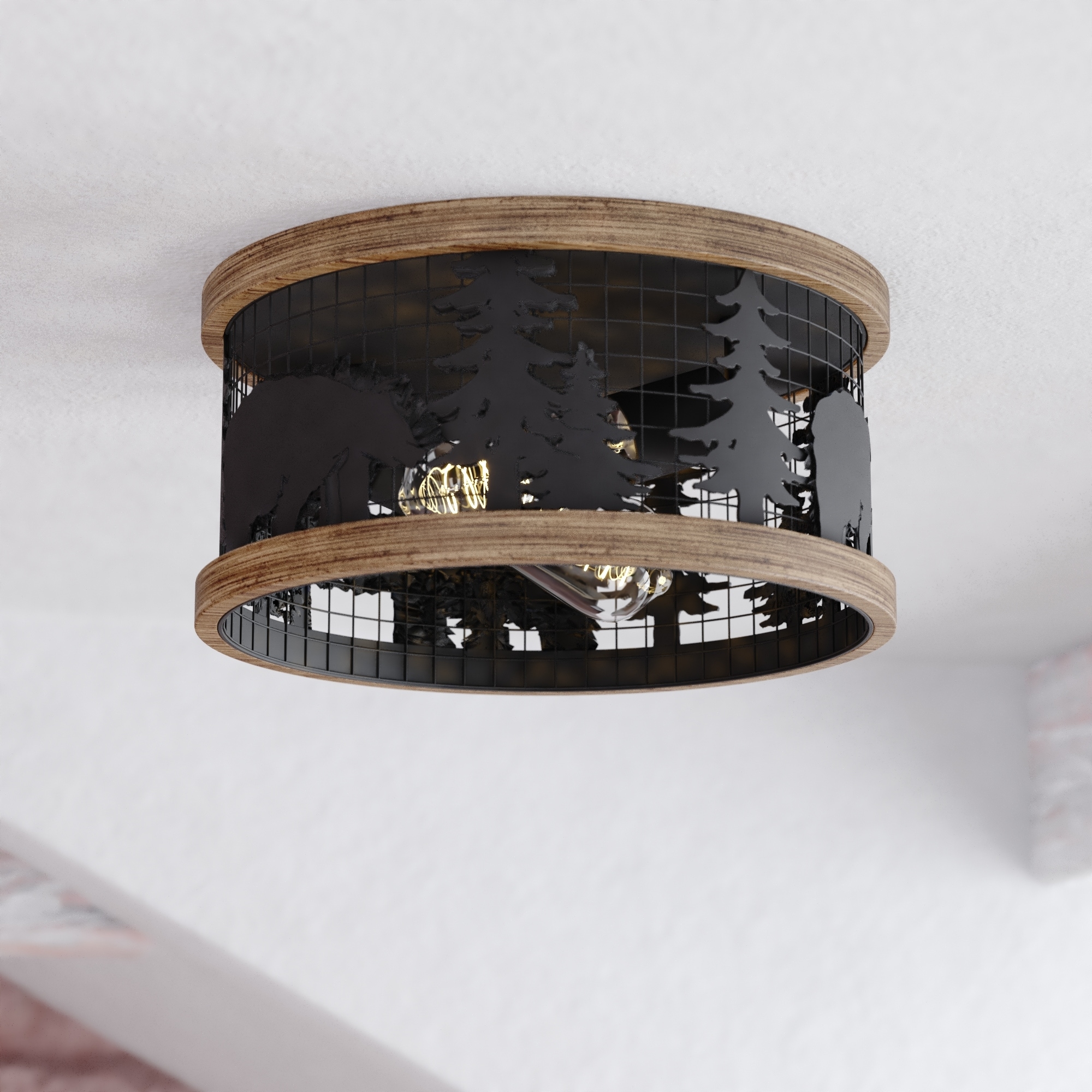 VAXCEL Kodiak 12-in W Black Rustic Round Cage Flush Mount Ceiling Light Fixture Tree Motif
