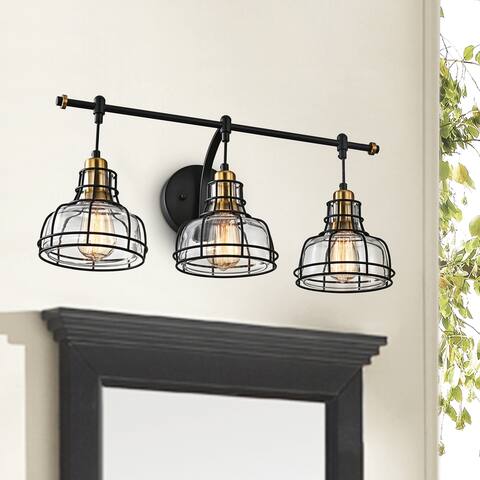 Black and Antique Gold 3-Light Vanity with Clear Glass Shades