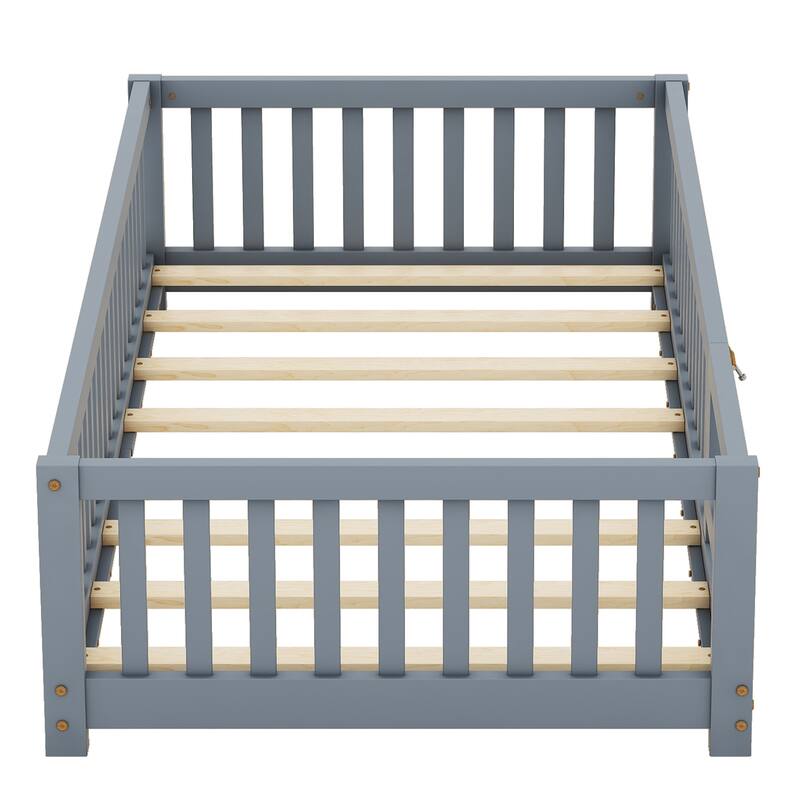 Gray Twin Size Pine Wood Floor Bed with Safety Guardrails and Door