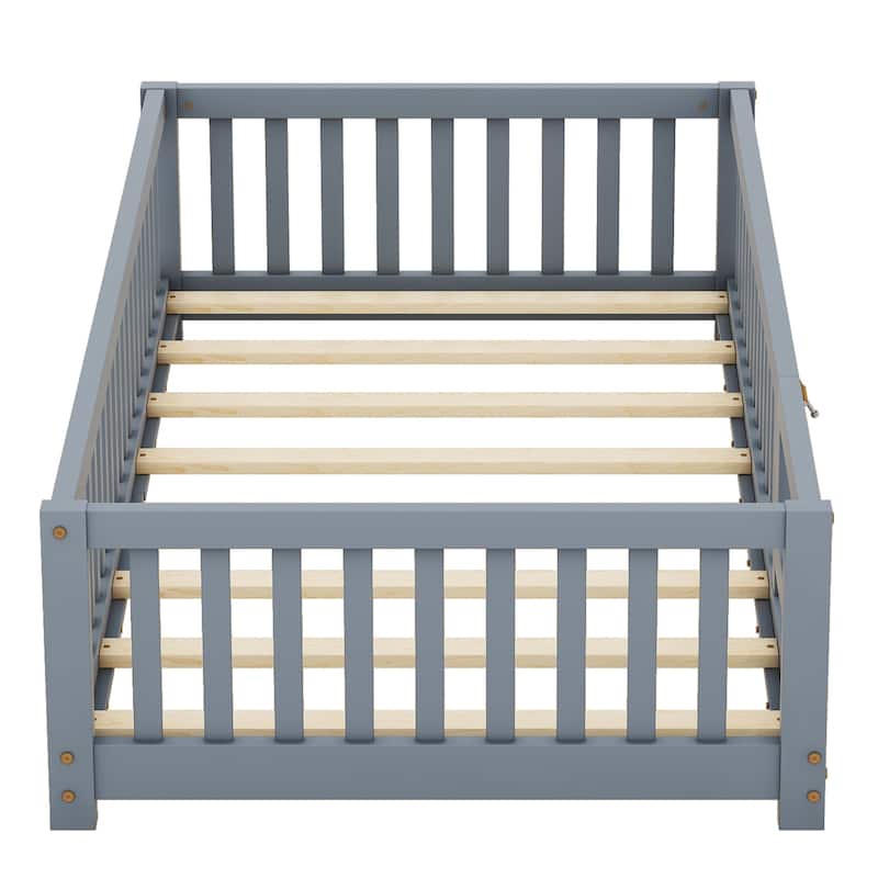 Twin Size Pine Wood Floor Bed with Safety Guardrails and Door for Kids, Boys, Girls, Bedroom