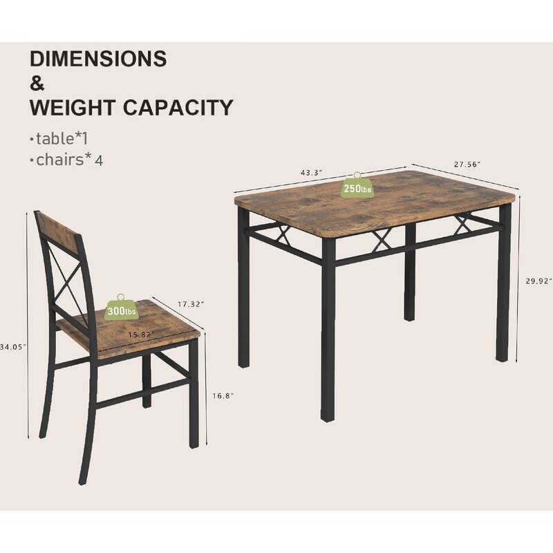 5-Piece Rustic Brown Wood Kitchen Dining Set with Table and 4 Chairs
