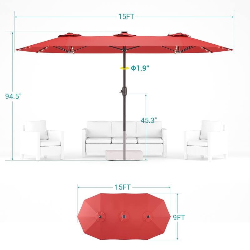 BONOSUKI 15x9ft LED Double-Sided Patio Umbrella Aluminum Large Canopy