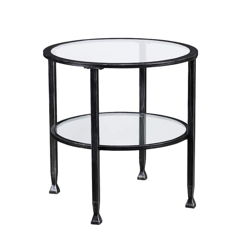 24" Black Glass and Iron Round End Table with Fixed Shelf - 24" x 24" x 24"