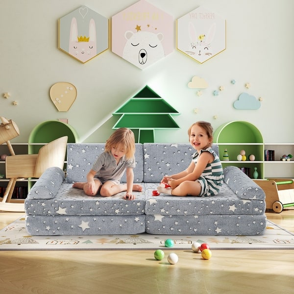slide 2 of 7, 8 pcs Modular Kids Toddler Glow-in-Dark Play Sectional Sofa w/Handles
