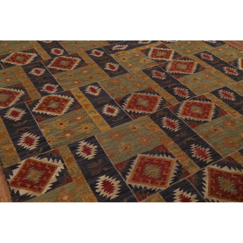 All-Over Geometric Kilim Indian Area Rug Hand-Woven Wool Carpet - 7'8"x 9'10"