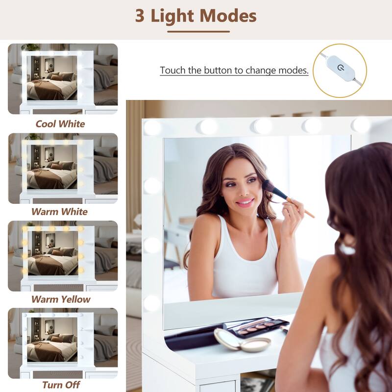 55.2" Vanity Desk with Freely Adjustable Side Cabinet, Makeup Vanity with Hollywood Lights, Bedroom Storage Dressing Table