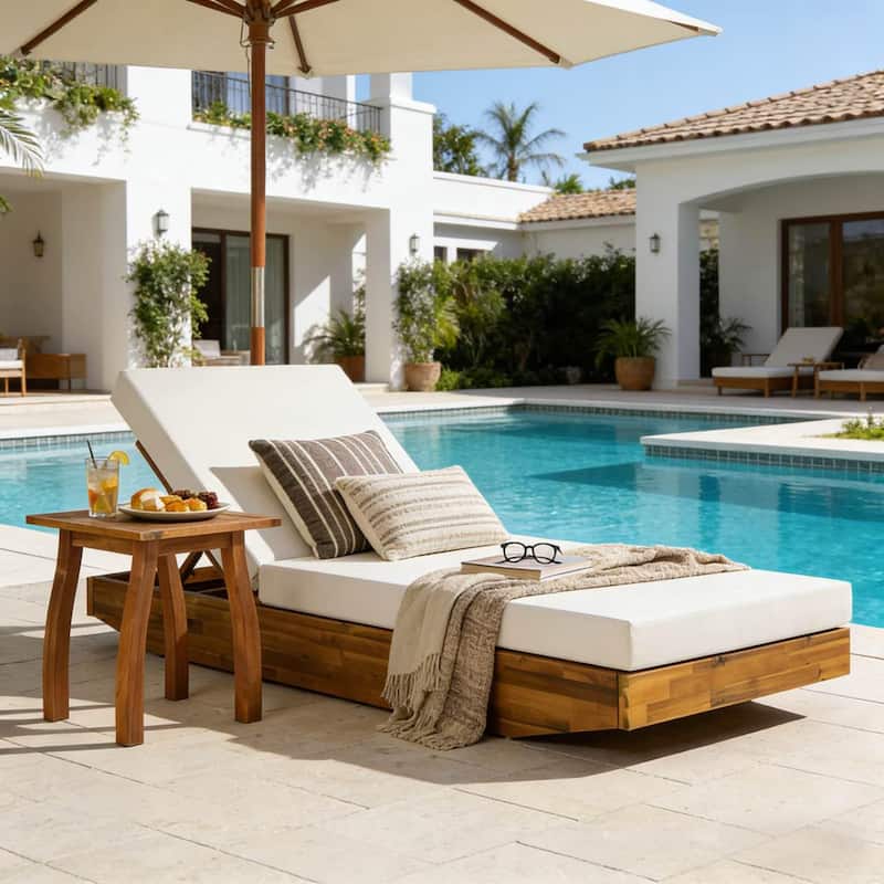 Christopher Knight Home - Outdoor Acacia Wood Chaise Lounge, Water-Repellent Cushion, Ergonomic Recliner Headrest - 79.6"L