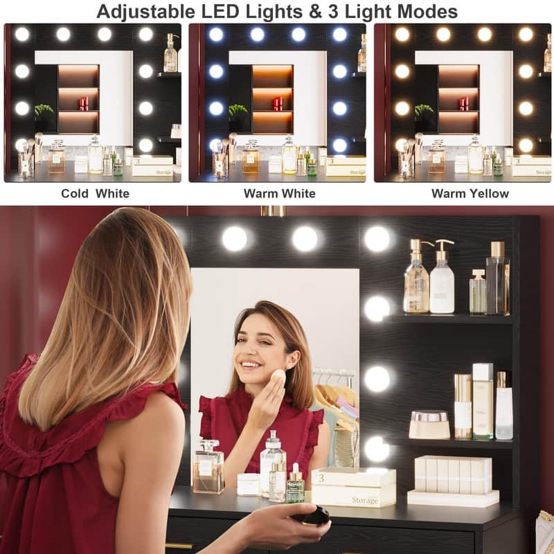 61" Makeup Vanity Desk with Mirror and Lights, 8 Drawers, 2 Shelves