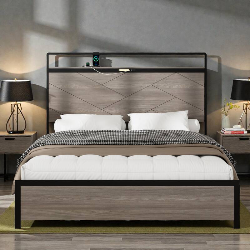 Modern Metal Platform Bed Frame with Wood Headboard LED Lights, USB & Type-C Charging Station, Large Underbed Storage - Grey - Full