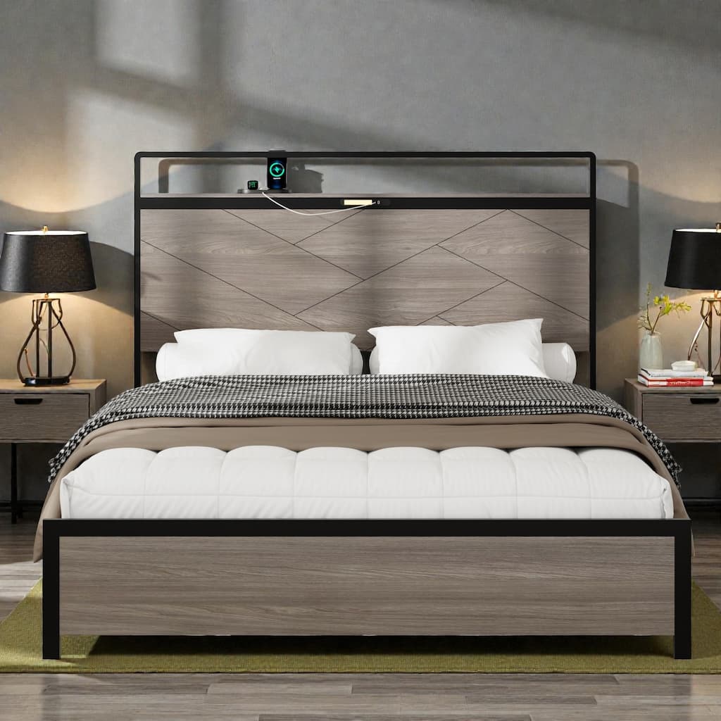 Modern Metal Platform Bed Frame with Wood Headboard LED Lights, USB & Type-C Charging Station, Large Underbed Storage