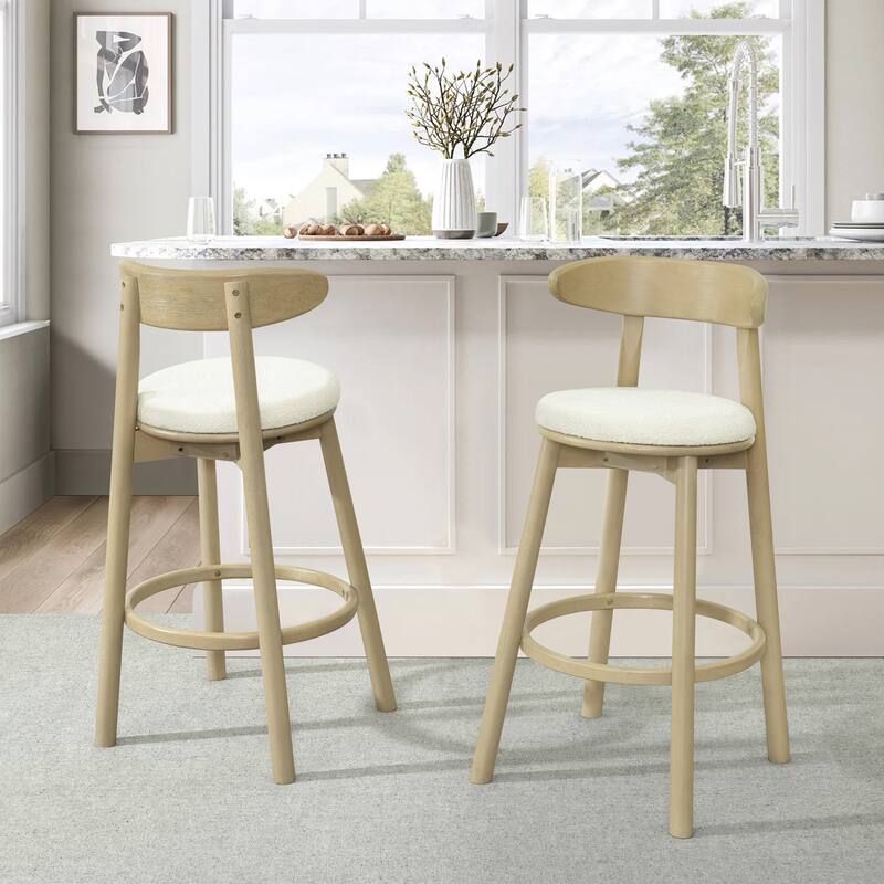 Christopher Knight Home - Ashley Contemporary Upholstered Round Cushion Bar Stools with Rubberwood Frame, Set of 2 - Beige+Natural Ash