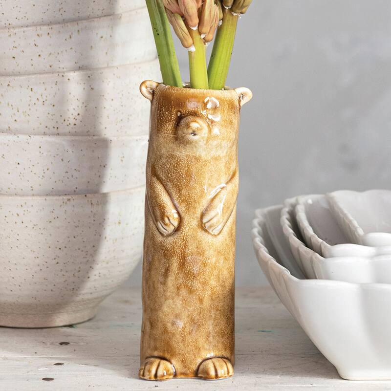 Stoneware Bear Vase with Reactive Crackle Glaze