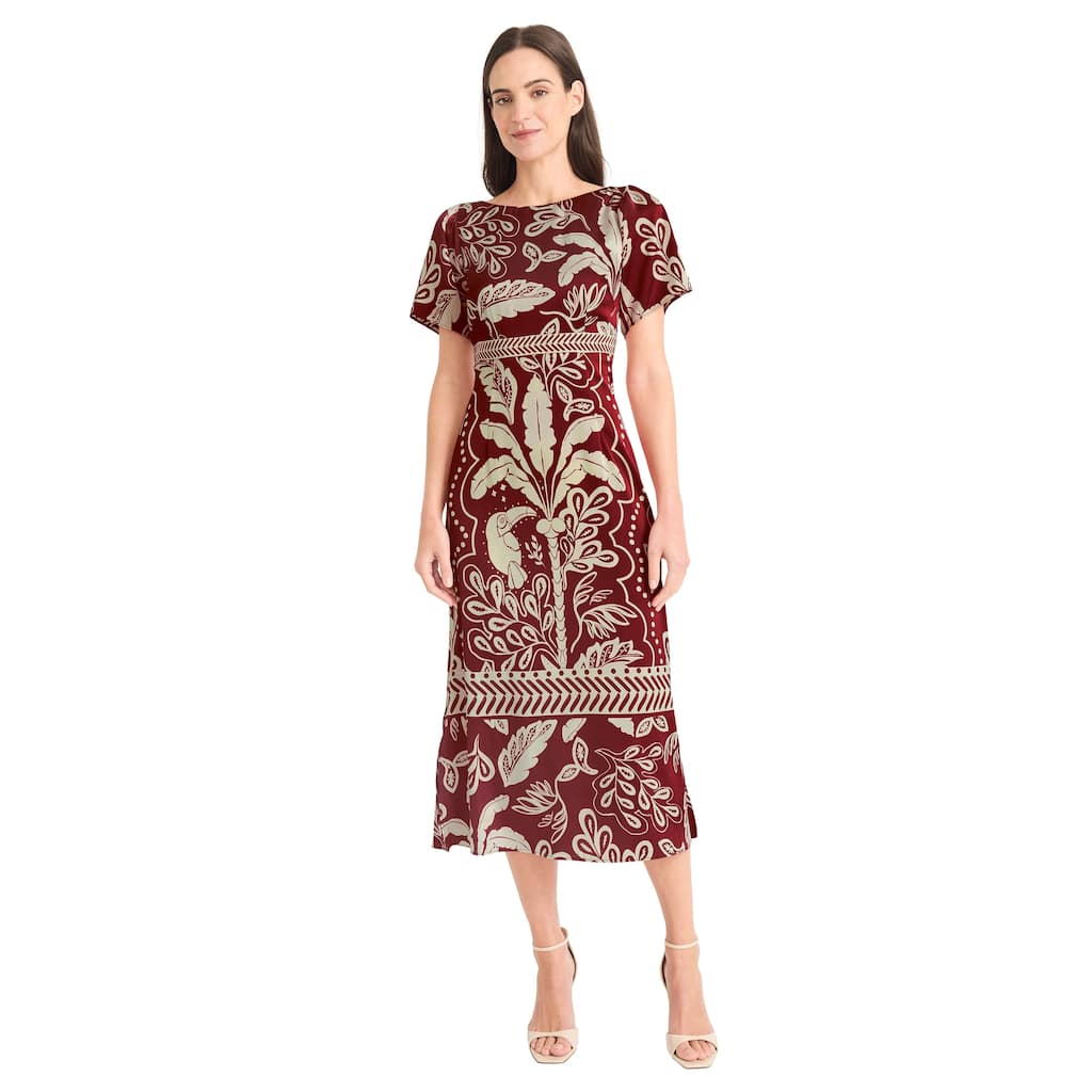 Maggy London Leaf Print Short Sleeve Midi Dress