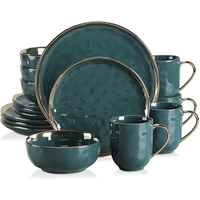 LOVECASA Matte 16-piece Stoneware Dinnerware Set with Gold Trim - Green