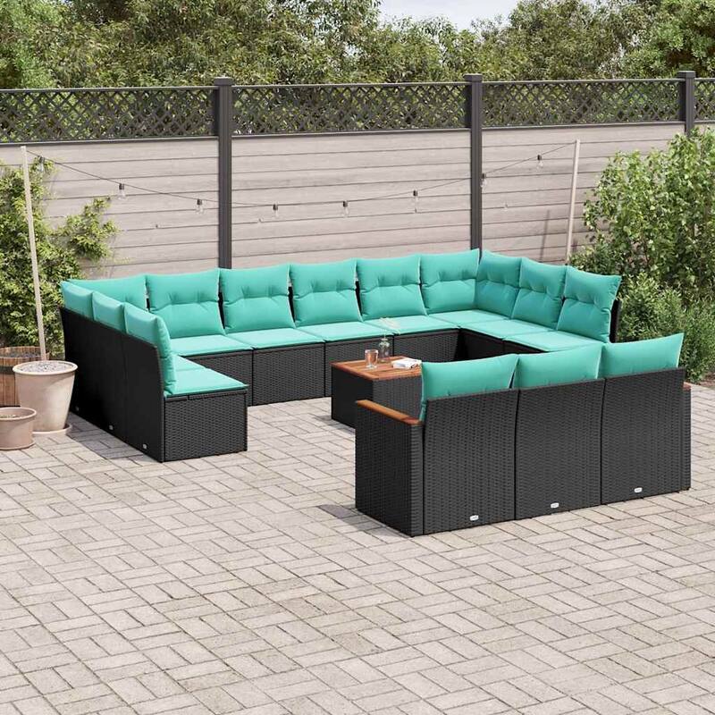 vidaXL 13/14 Piece Patio Sofa Set with Cushions Black/Gray Poly Rattan - 24.4 x 24.4 x 27.2 - Black With table