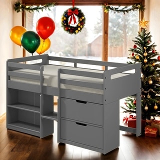 Wooden Twin Size Loft Bed with Built-in Drawers and Bookshelf