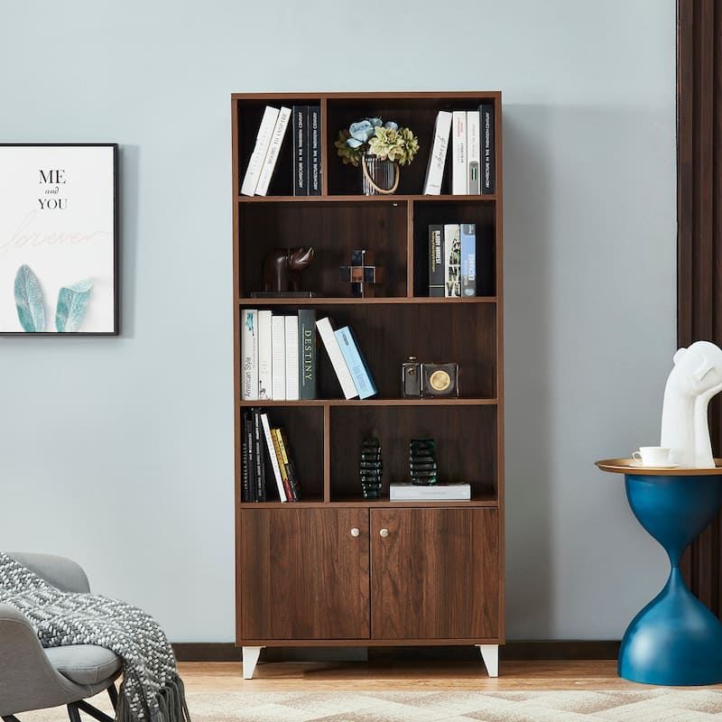 68" Bookcase with 2 Doors, Bookshelf - Walnut