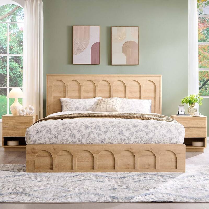 Modern King Size Bed Frame, 52" Tall Arched Recessed Headboard