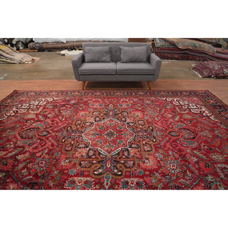 Hand Knotted Oriental 100% Wool Carpet Traditional Floral Red Heriz Area Rug - 12' 11'' X 9' 6''