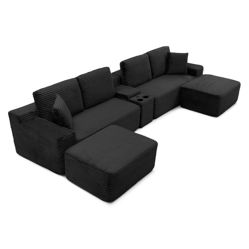 125'' U-Shaped Corduroy Sectional Sofa with Cup Holders, USB Ports and 2 Ottomans