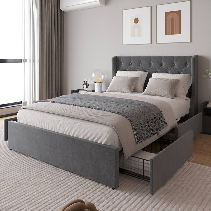 Full/Queen Size Bed Frame with 4 Drawers and Headboard,Button Tufted - Full