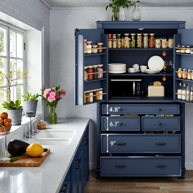 Large Freestanding Kitchen Pantry Cabinet, 77.3 Inch Tall Storage Cupboard with 6 Door Shelves and 5 Drawers