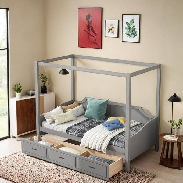 slide 2 of 18, Grey Wooden Canopy Daybed with 3 in 1 Storage Drawers,Twin Gray