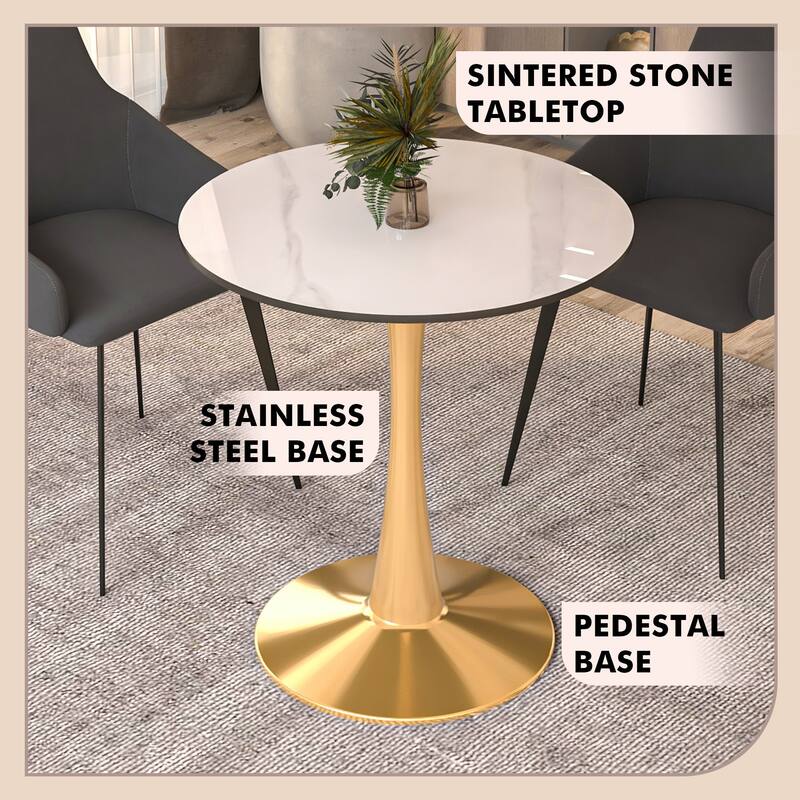Bristol 24" Round Dining Table Sintered Stone Top & Gold Stainless Steel Pedestal Base for Kitchen & Dining Room
