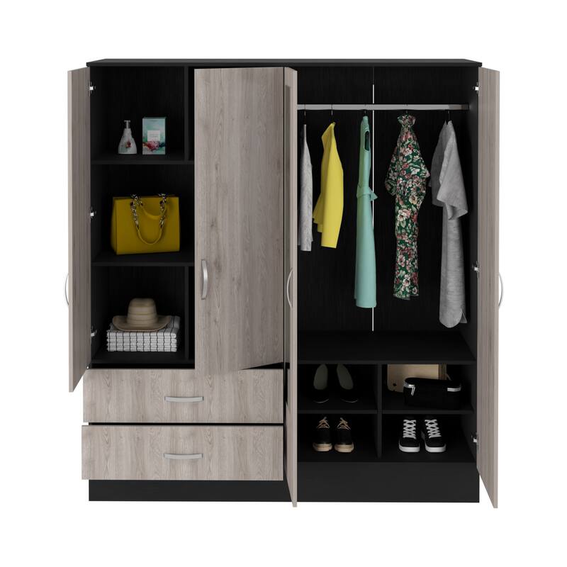 63" Modern Mirrored Armoire with Hanging Rod, Six Shelves and Two Drawers for Bedroom