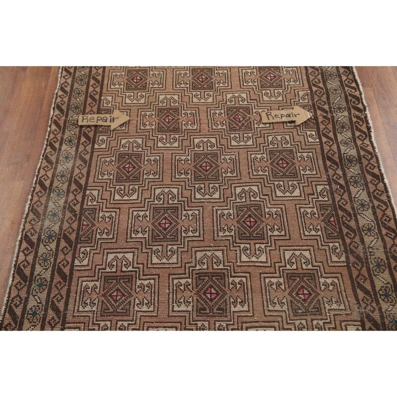 Geometric Balouch Persian Vintage Runner Rug Handmade Wool Carpet - 3'4" x 8'8"