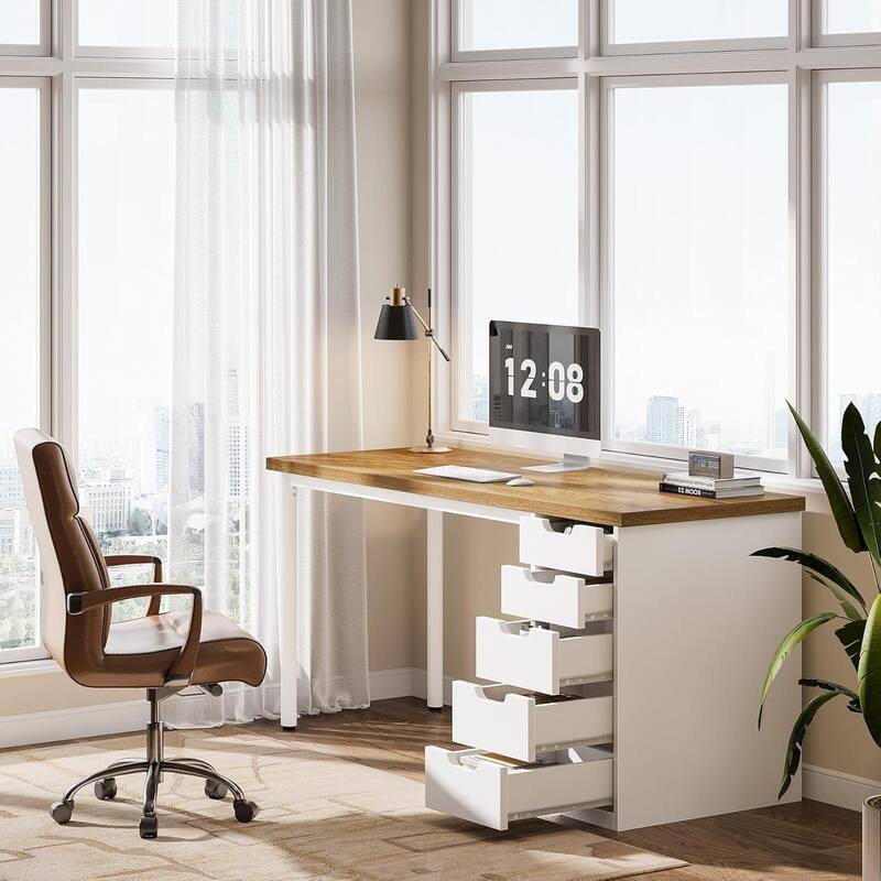 Modern Computer Desk with 5 Reversible Drawers, Storage Home Office Desk, PC/Laptop Desk, Study Writing Table Workstation