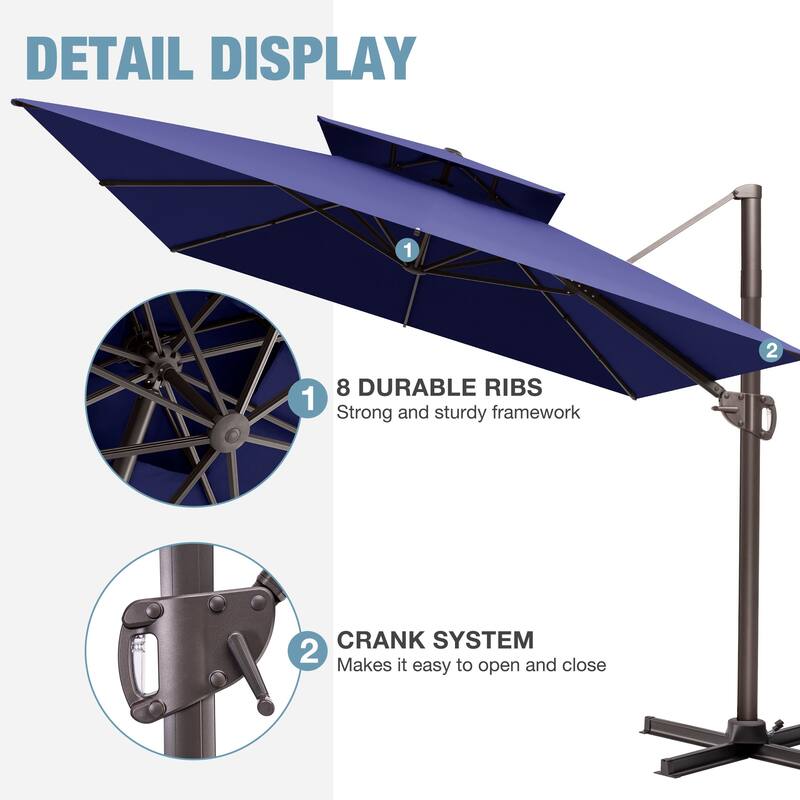 9 x 12 FT Outdoor Patio Double Top Rectangular Cantilever Umbrella with Wheel Base
