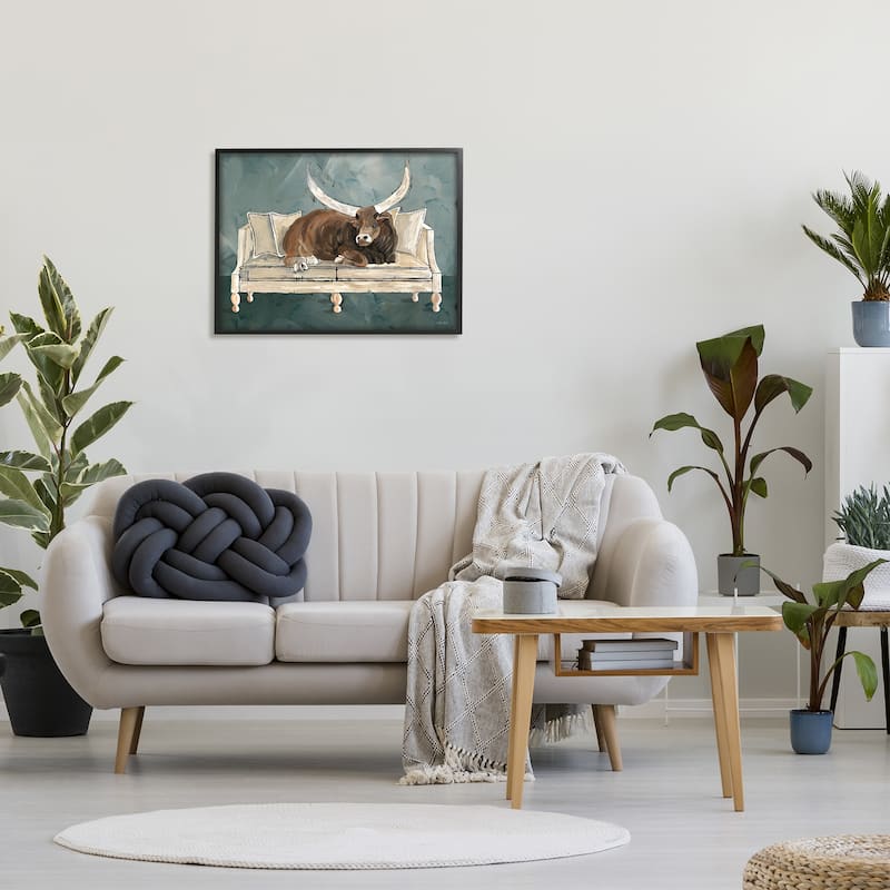 Stupell Longhorn Bull Laying Living Room Couch Green Gray Framed Wall Art