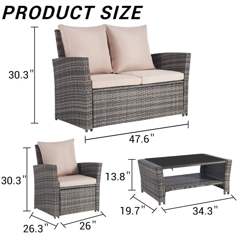 4-Piece Outdoor Patio Rattan Conversation Sofa Set with Tempered Glass Coffee Table