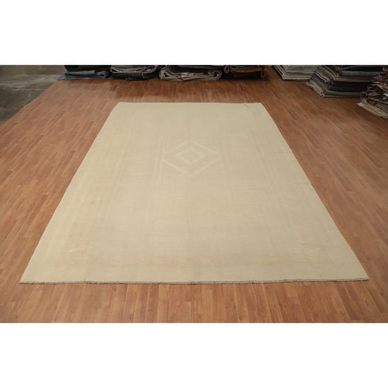 Hand Woven Oriental 100% Wool Carpet Southwestern Tribal Beige & Ivories Kilim Area Rug - 12' 10'' X 9' 4''