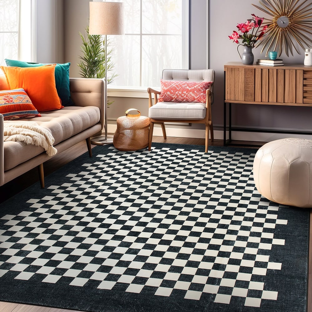 World Rug Gallery Contemporary Checkered Border Washable Non-Slip Area Rug