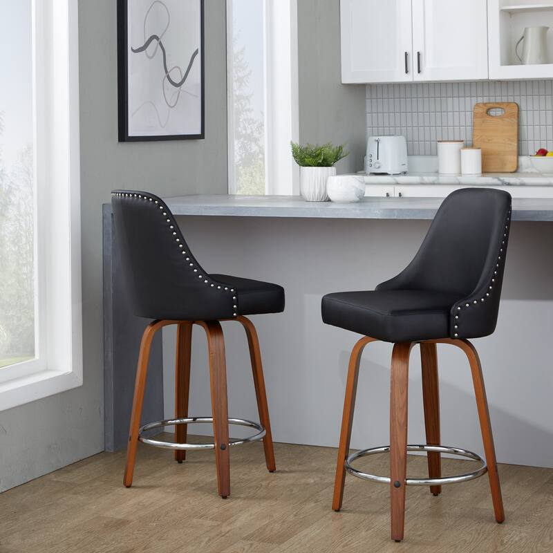 Porch & Den Studded Naldi 26" Fixed-Height Counter Stool with Bent Wood Legs & Round Footrest (Set of 2)