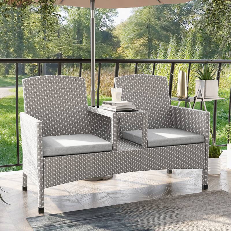 Lulu French Wicker Patio Loveseat with Built-in Glass End Table by Furniture of America - Grey