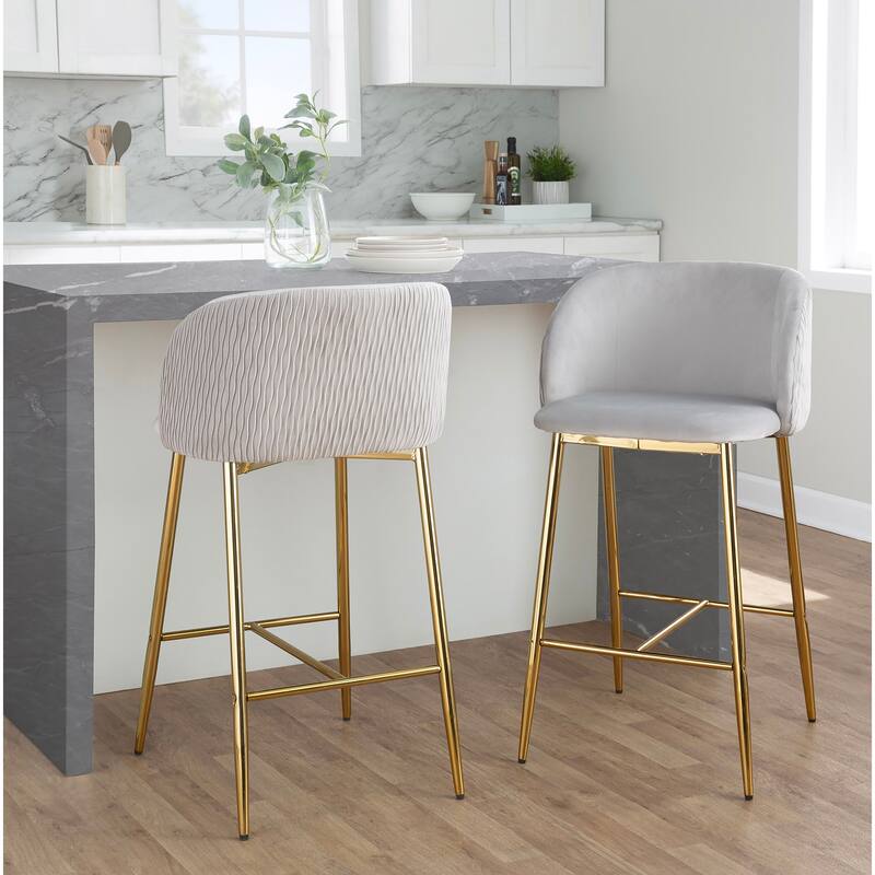 Lumisource Waves Counter Stool in Chrome and Silver Velvet - Set of 2 - 21"Lx19.75"Wx36"H