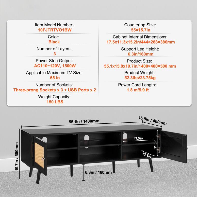 Rattan TV Stand, Mid Century Modern TV Stand, Boho Rattan TV Cabinet with Build-in Socket and USB Ports, Adjustable Shelfs