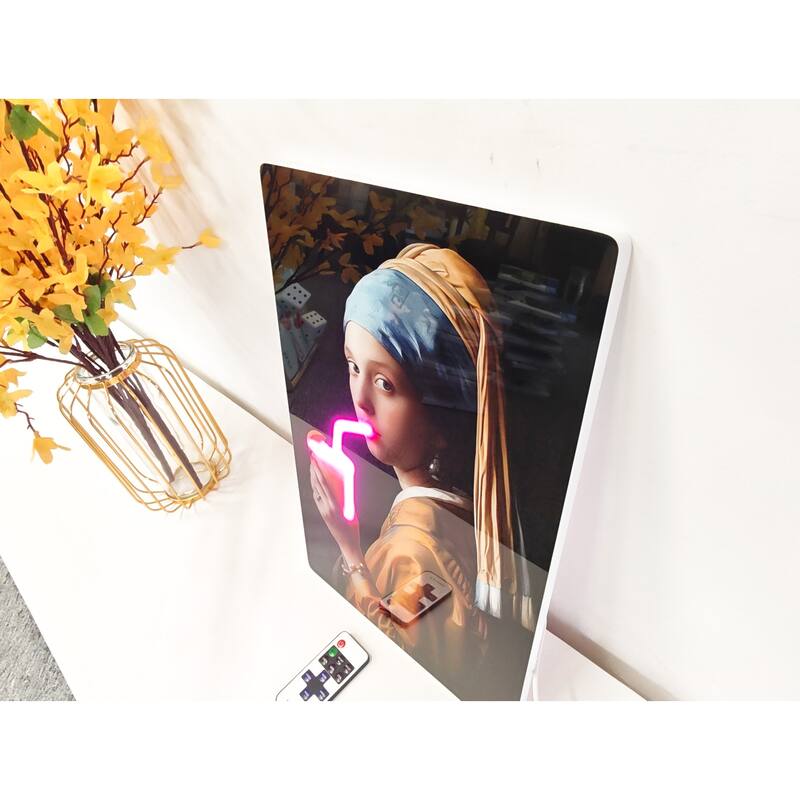 Neon Style LED Wall Art - Girl with a Pearl Earring Acrylic Print with Lighted Drink Effect