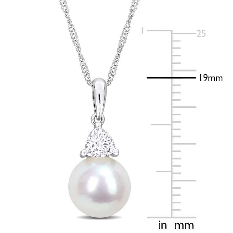 Miadora 8-8.5mm Cultured Freshwater Pearl and 1/3ct TGW Created White Sapphire Pendant with Chain 10k White Gold