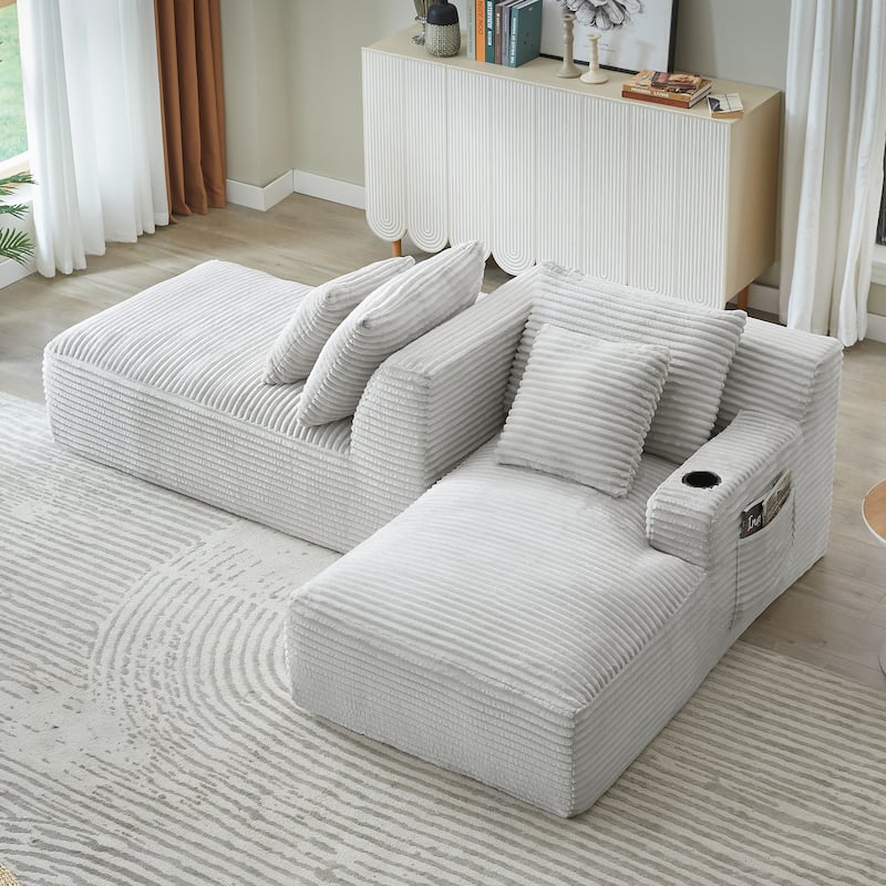 Compressible Double Chaise Lounge With Cupholders - No Assembly Required, Fluffy Modern Sleeper Loveseat