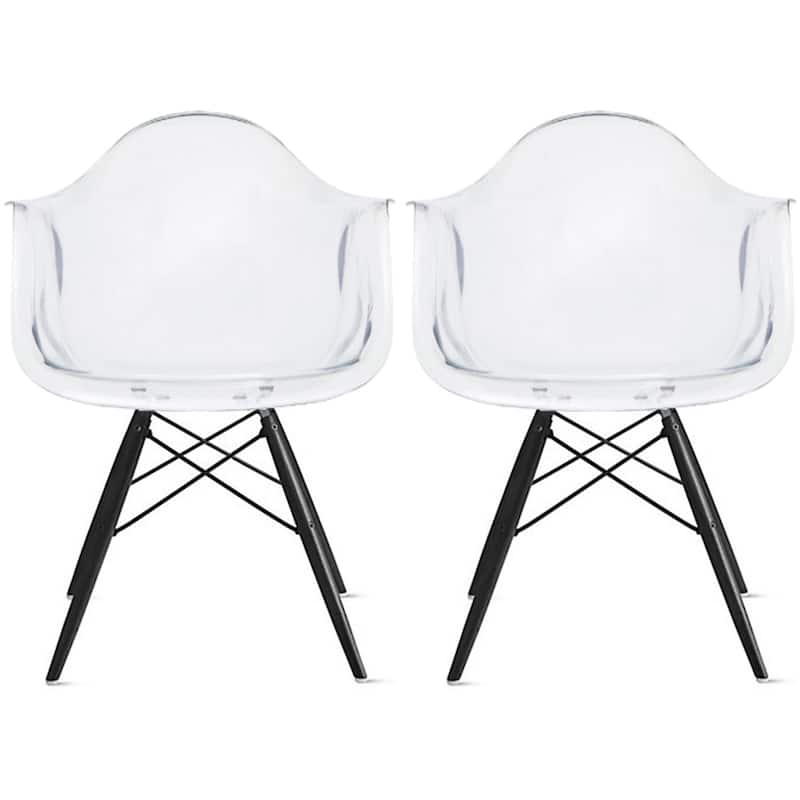 Set of 2 Color Modern Arm Chairs For Dining Room Kitchen Solid Molded Plastic Seat Dark Black Wood Eiffel Legs - Clear