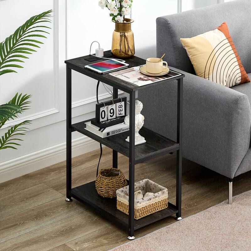 VECELO Industrial Nightstand with Charging Station 3-Tier End Table Bedside Table Black Steel Frame for Small Spaces - Charcoal Grey