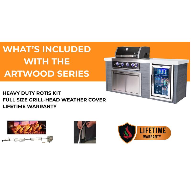 Mont Alpi Artwood 78" All Weather HDPE Outdoor Kitchen Island with Refrigerator + 32" Stainless Steel Built-in BBQ Gas Grill