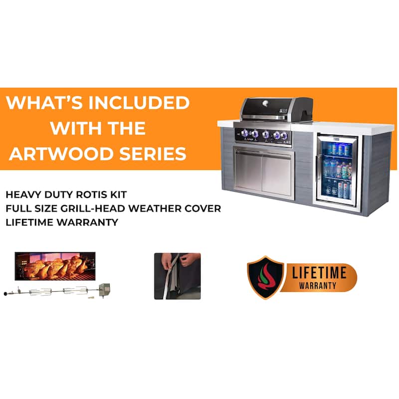 Mont Alpi Artwood 78" All Weather HDPE Outdoor Kitchen Island with Refrigerator + 44" Stainless Steel Built-in BBQ Gas Grill