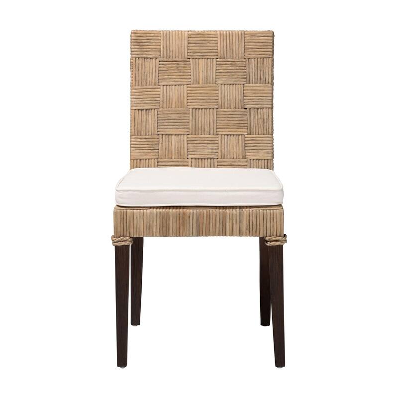 Fatima Natural Rattan Dining Chair with Cushion - Handwoven Wicker Side Chair with Basketweave Back and Seat, Coastal Seating