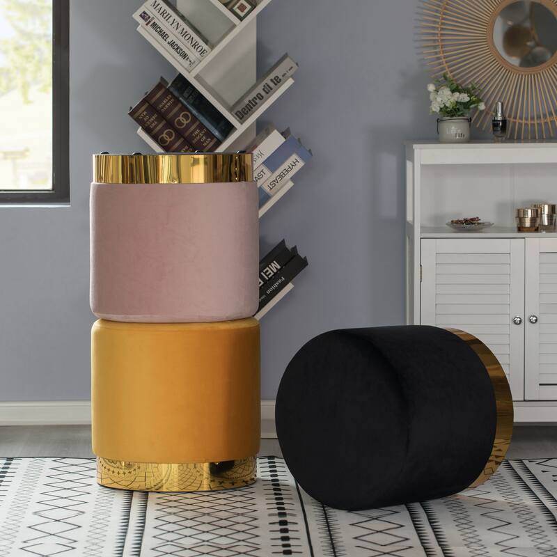 Modern Round Velvet Fabric Standard Ottoman Stool with Gold Base